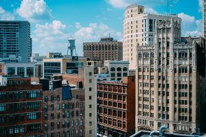 midwest aerial photography of brown and beige buildings